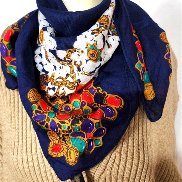 VINTAGE Made in Italy BLUE FLORAL Rayon SCARF Large 35" x 35" Bold Print - Picture 1 of 6